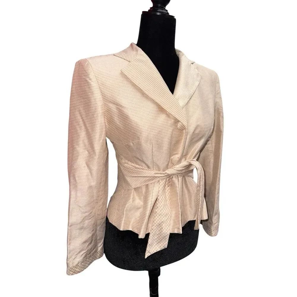 Talbots Pure Silk Gingham Blazer Jacket Tie Waist Pink Ivory Petite 10